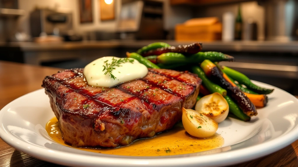 Perfectly seared ribeye steak with herb butter, roasted garlic cloves, and seasonal vegetables on white ceramic plate, restaurant kitchen setting, warm lighting