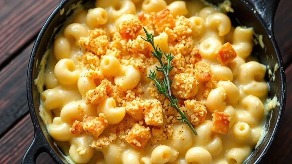 Creamy mac and cheese with crispy breadcrumb topping and fresh thyme garnish, cast iron skillet presentation, rustic wooden table background