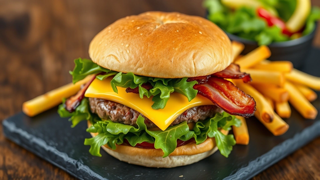 Fresh farm-to-table American burger with house-made brioche bun, artisanal cheese, crispy bacon, and colorful greens, served with golden fries on slate plate