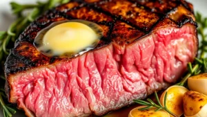 Close-up of perfectly seared ribeye steak with caramelized crust, medium-rare interior visible on cross-section, melting butter pooling on top, accompanied by roasted garlic cloves and fresh thyme sprigs, professional steakhouse plating