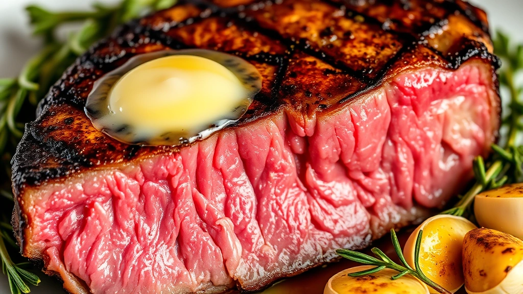 Close-up of perfectly seared ribeye steak with caramelized crust, medium-rare interior visible on cross-section, melting butter pooling on top, accompanied by roasted garlic cloves and fresh thyme sprigs, professional steakhouse plating