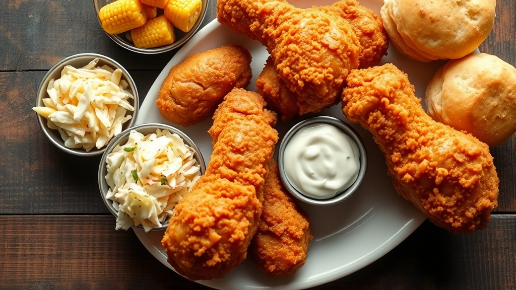 Overhead shot of crispy fried chicken drumsticks and thighs with mahogany-golden breading, served on white plate with creamy coleslaw, buttermilk biscuits, and corn, rustic American comfort food styling