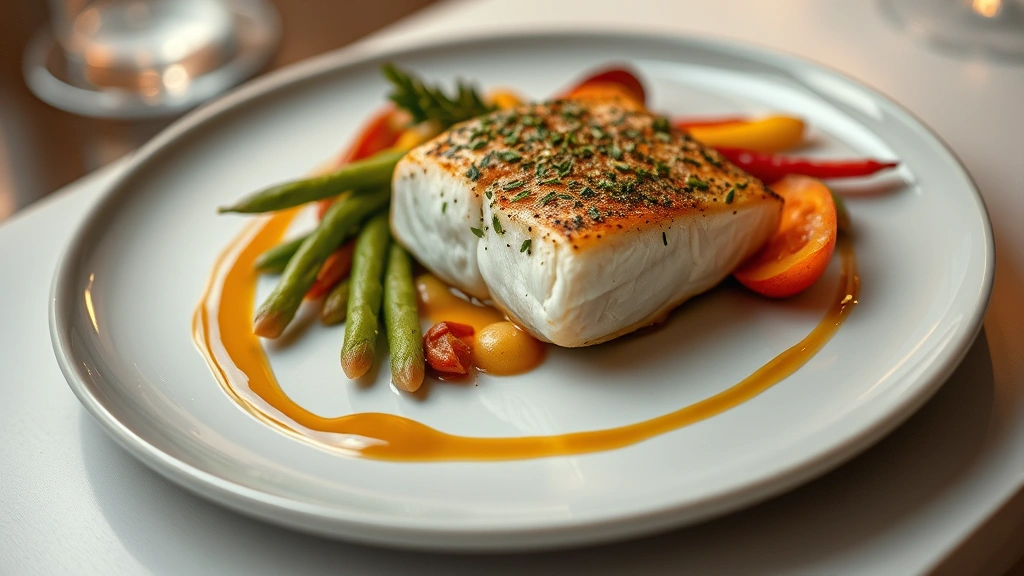 Elegant fine dining plate featuring grilled fish fillet with delicate herb crust, seasonal vegetables, smooth sauce drizzle, garnished with microgreens, soft warm lighting, sophisticated presentation