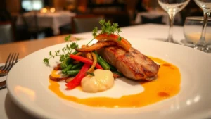 Artfully plated gourmet dish with seasonal vegetables, herb garnish, and elegant sauce presentation on white ceramic plate, fine dining restaurant ambiance, soft warm lighting, professional culinary composition