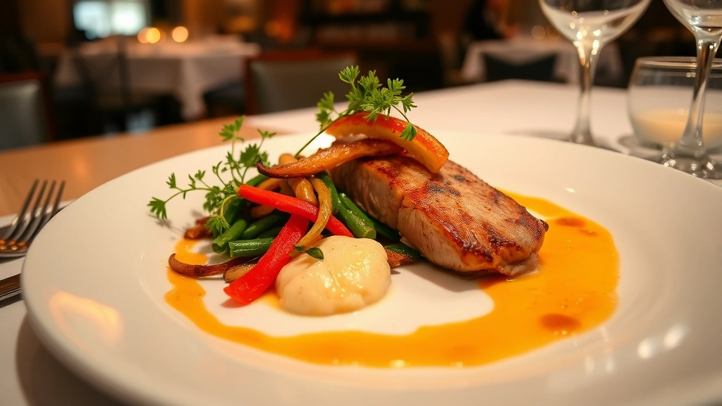 Artfully plated gourmet dish with seasonal vegetables, herb garnish, and elegant sauce presentation on white ceramic plate, fine dining restaurant ambiance, soft warm lighting, professional culinary composition