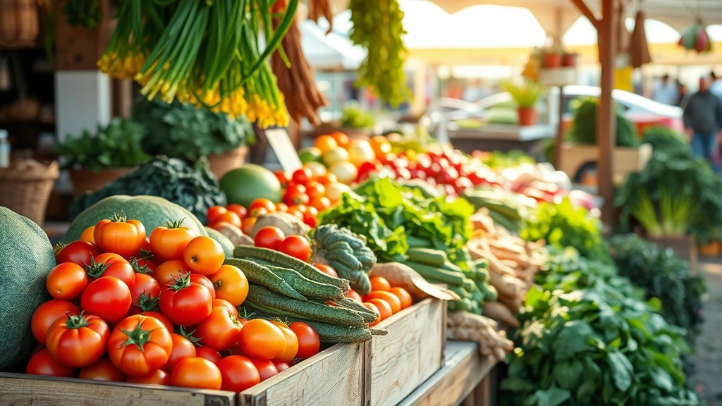 Farmers market scene with fresh colorful vegetables, heirloom tomatoes, leafy greens, root vegetables displayed at wooden stand, morning sunlight, rustic farmstand aesthetic, abundant harvest display