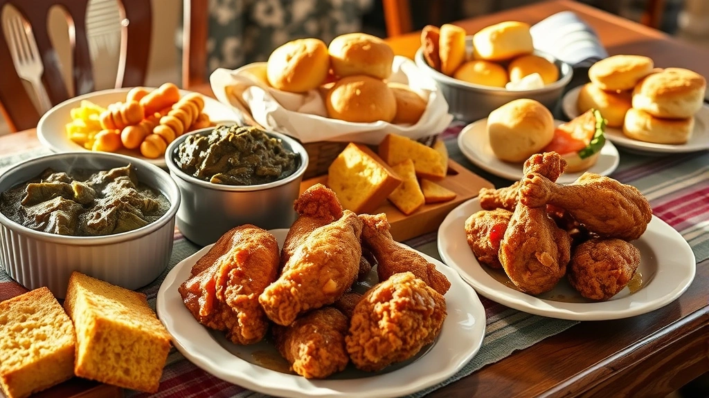 Southern comfort food spread featuring fried chicken, collard greens, cornbread, and biscuits on rustic table setting, warm natural lighting, homestyle presentation, steam rising from hot dishes