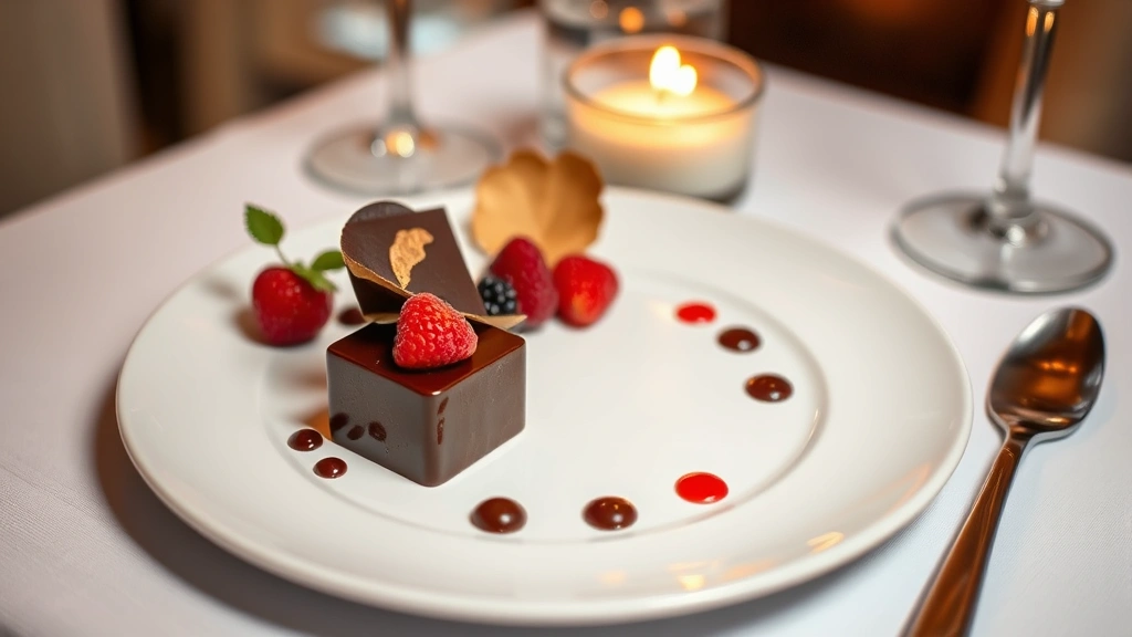 Elegant plated dessert with chocolate elements, gold leaf, and fresh berries on white ceramic plate with soft candlelight reflection, fine dining presentation style