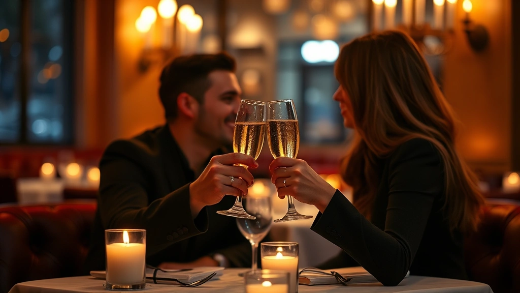 Couple toasting with champagne glasses at intimate restaurant table, candlelit ambiance, blurred warm background, romantic evening setting