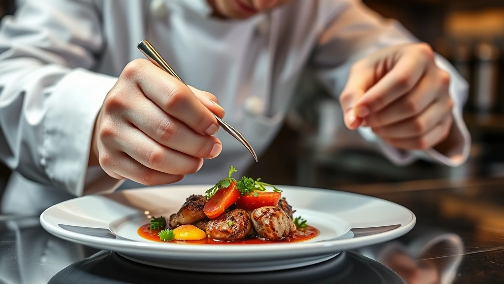 Chef plating gourmet dish with precision using tweezers, fresh herb garnish, sophisticated sauce presentation, professional kitchen lighting, culinary artistry focus