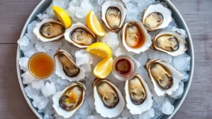 Overhead shot of freshly shucked Apalachicola oysters on crushed ice with lemon wedges and mignonette sauce in small glass bowls, glistening and ready to eat, coastal ambiance