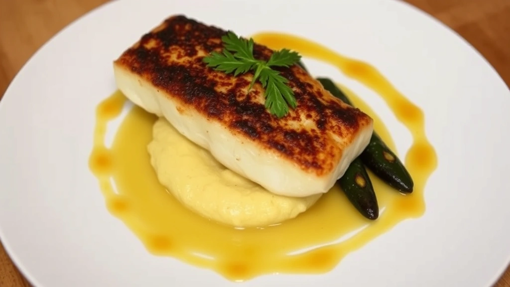 Seared Gulf grouper fillet with crispy golden skin sitting atop creamy corn puree with charred okra and brown butter sauce drizzled artistically on white plate
