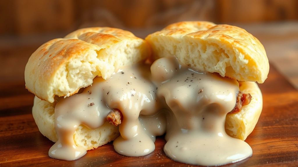 Warm buttermilk biscuit split open with creamy sausage gravy cascading down sides, fresh cracked pepper visible, steam rising, wooden table background