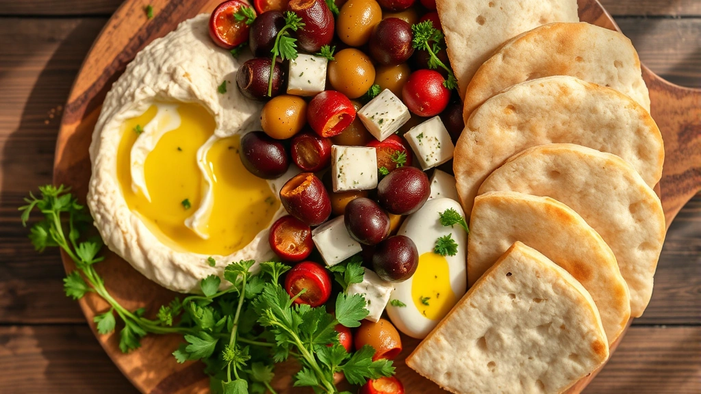 Overhead shot of Mediterranean mezze platter featuring hummus, olives, feta cheese, fresh herbs, pita bread, and olive oil drizzle on rustic wooden board with warm natural lighting