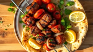Overhead shot of charred lula kebab on metal skewer with grilled tomatoes, onions, and fresh lavash bread on ceramic plate, garnished with fresh parsley and lemon wedges, warm natural lighting