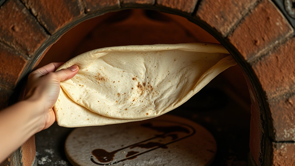 Close-up of hands stretching thin lavash dough against interior of traditional tonir clay oven, showing char marks and steam, artisanal bread-making technique in action