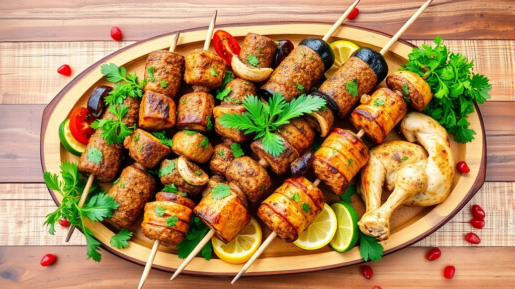 Vibrant wooden platter displaying mixed kebab varieties including shish, kufta, and chicken preparations, surrounded by fresh herbs, grilled vegetables, and pomegranate seeds, rustic presentation