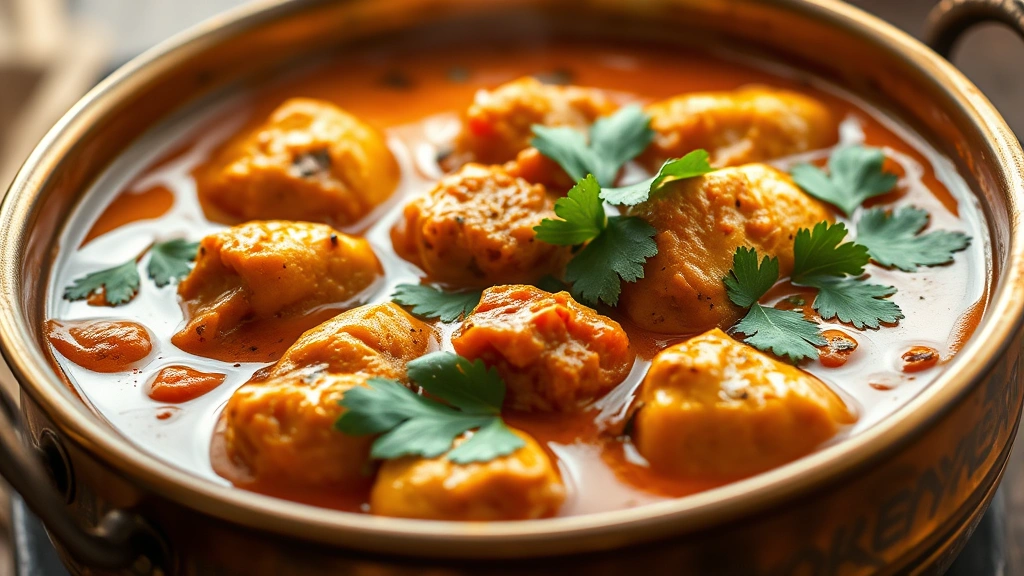 Close-up of steaming butter chicken curry in a traditional copper bowl with fresh cilantro garnish, aromatic spices visible in the creamy tomato sauce, warm golden lighting highlighting the dish's richness
