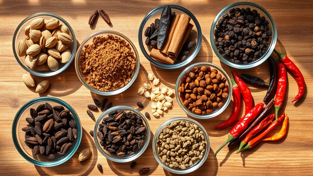 Overhead flat lay of Indian spices in glass bowls including cardamom pods, cinnamon sticks, cloves, black peppercorns, cumin seeds, and dried chilies arranged on a wooden surface with natural daylight