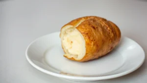 Golden-brown russet potato with crispy skin, steam rising, split open revealing fluffy white interior, sitting on white ceramic plate with soft lighting