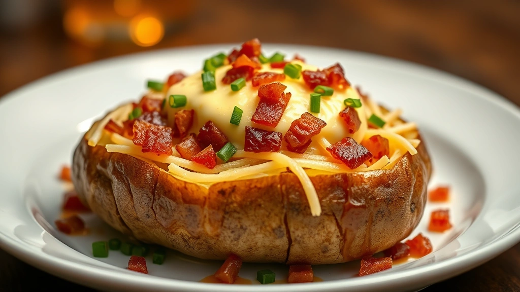 Luxurious baked potato topped with melting truffle butter, crispy bacon bits, fresh chives, and aged cheddar cheese, professional plating with warm ambient lighting