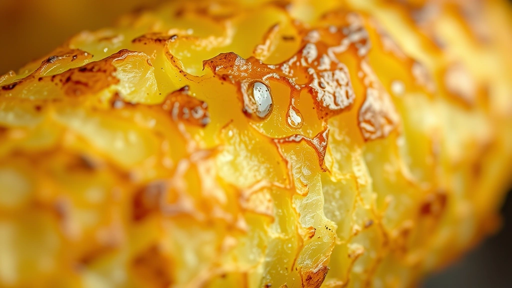 Close-up of baked potato skin with perfect golden-brown crackling texture, droplets of condensation visible, shallow depth of field highlighting crispy details