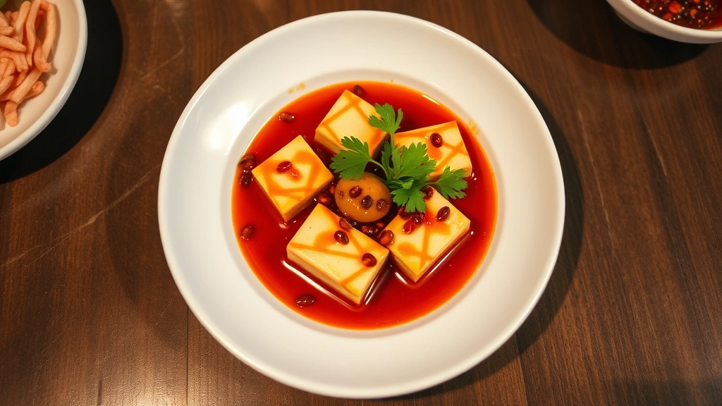Overhead shot of silken mapo tofu in red numbing chile oil sauce with visible Sichuan peppercorns, garnished with fresh cilantro on white ceramic plate, shallow depth of field, warm restaurant lighting