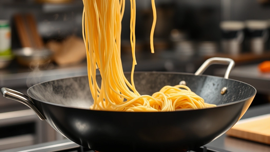 Freshly hand-pulled noodles being tossed in a traditional carbon steel wok over high heat, noodles mid-toss showing movement, steam rising, selective focus on noodle texture, professional kitchen background blurred