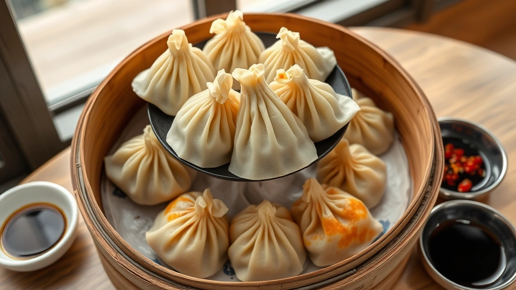 Artistic arrangement of steamed and pan-fried dumplings on tiered bamboo steamer, golden pan-fried bottoms visible, accompanied by small bowls of black vinegar and chili oil, minimalist plating style, natural window light