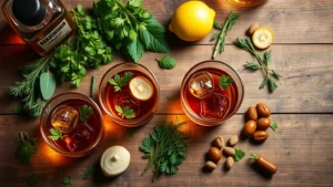 Overhead flat lay of artisanal Kentucky bourbon in crystal glasses with fresh herbs, locally-sourced vegetables, and gourmet ingredients arranged on rustic wooden surface, warm golden lighting