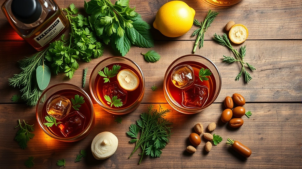 Overhead flat lay of artisanal Kentucky bourbon in crystal glasses with fresh herbs, locally-sourced vegetables, and gourmet ingredients arranged on rustic wooden surface, warm golden lighting