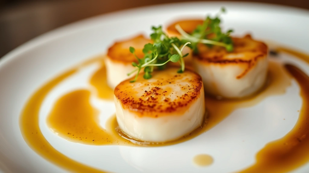 Close-up of perfectly seared scallops with bourbon reduction sauce, microgreens, and root vegetable puree on white plate, professional restaurant plating, shallow depth of field