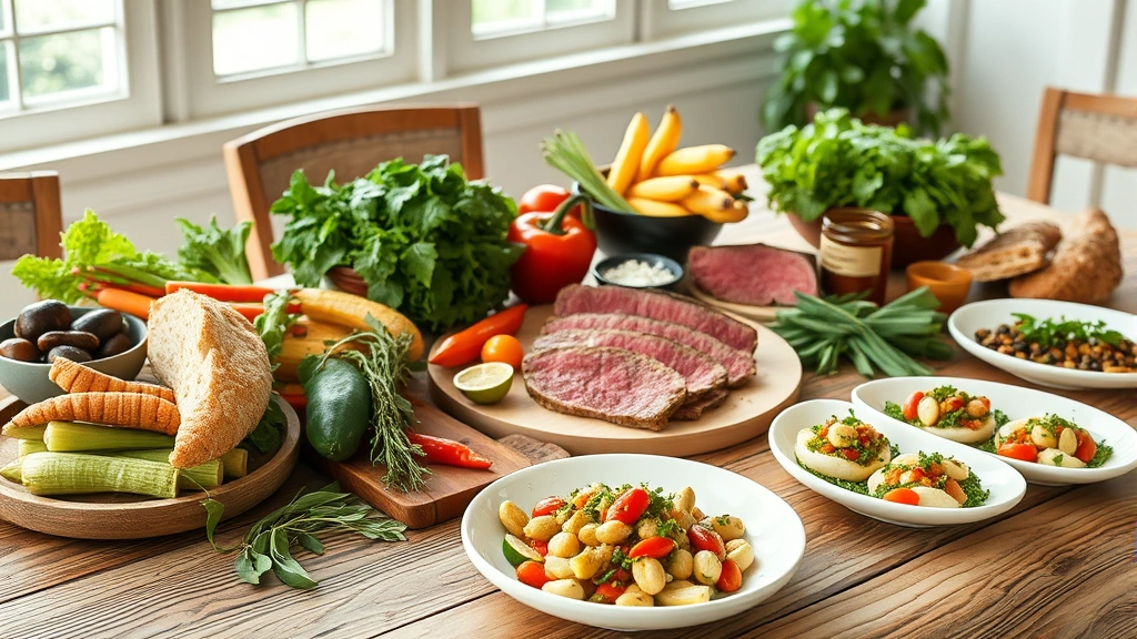 Rustic farm-to-table spread featuring seasonal vegetables, locally-raised beef, fresh herbs, artisanal bread, and small plates on wooden table with natural daylight through windows