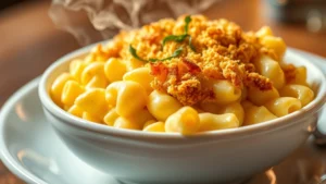 Creamy mac and cheese with golden breadcrumb topping, steam rising, fresh herbs garnish, professional restaurant plating on white ceramic bowl, warm lighting, close-up food photography