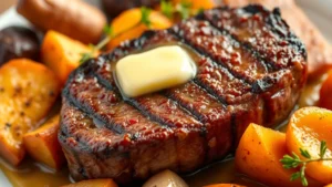 Perfectly seared beef steak with caramelized crust, glistening with butter, surrounded by roasted root vegetables and fresh herbs, warm lighting highlighting the meat's texture and color