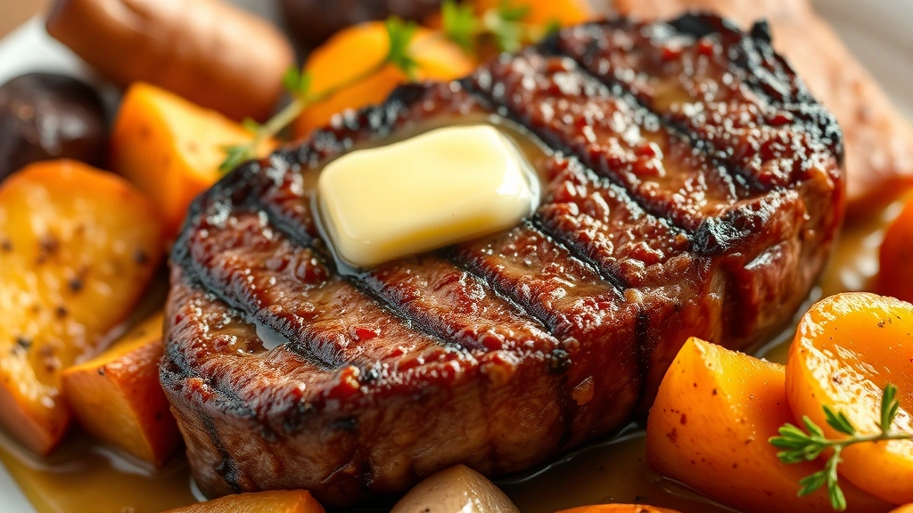 Perfectly seared beef steak with caramelized crust, glistening with butter, surrounded by roasted root vegetables and fresh herbs, warm lighting highlighting the meat's texture and color