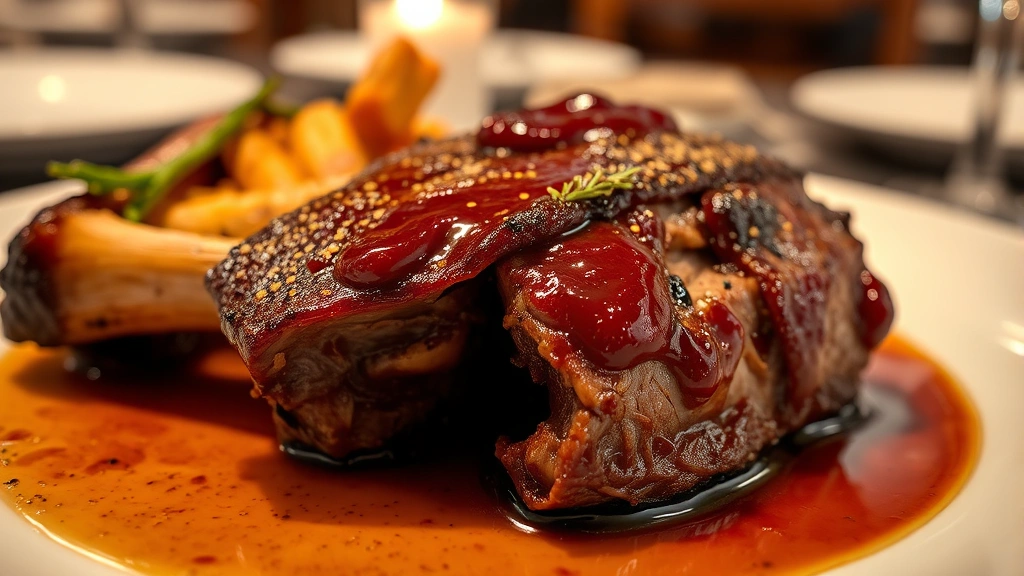 Perfectly seared short rib with glossy pan sauce, tender meat visibly separating from bone, roasted root vegetables arranged beside, restaurant presentation, warm ambient lighting, shallow depth of field