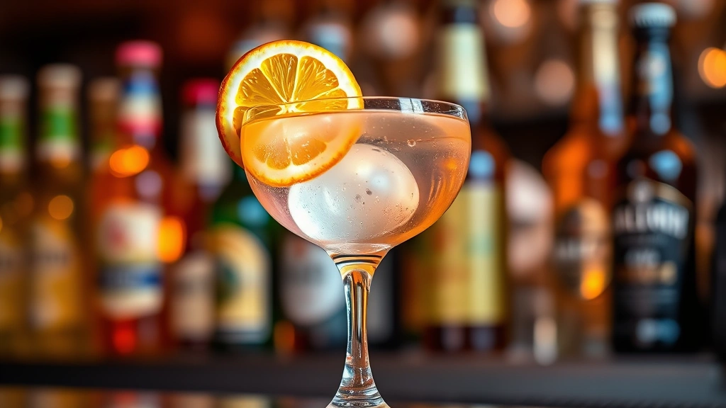 Artfully arranged craft cocktail in coupe glass with fresh citrus garnish, ice sphere visible, backlit by warm amber bar lighting with blurred beer bottles in background