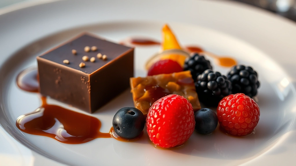 Elegant dessert plate with chocolate component, fresh berries, caramelized elements, textural contrasts visible, fine dining plating, warm golden hour lighting, professional culinary photography
