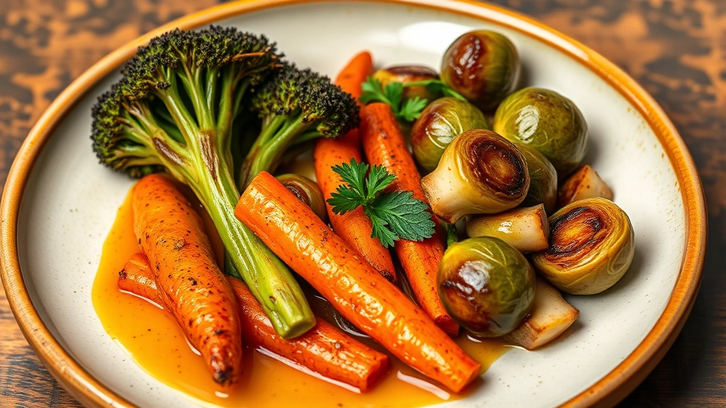 Seasonal vegetable plate featuring charred broccolini, roasted carrots, and caramelized brussels sprouts with glossy reduction sauce, natural rustic plating on ceramic dishware