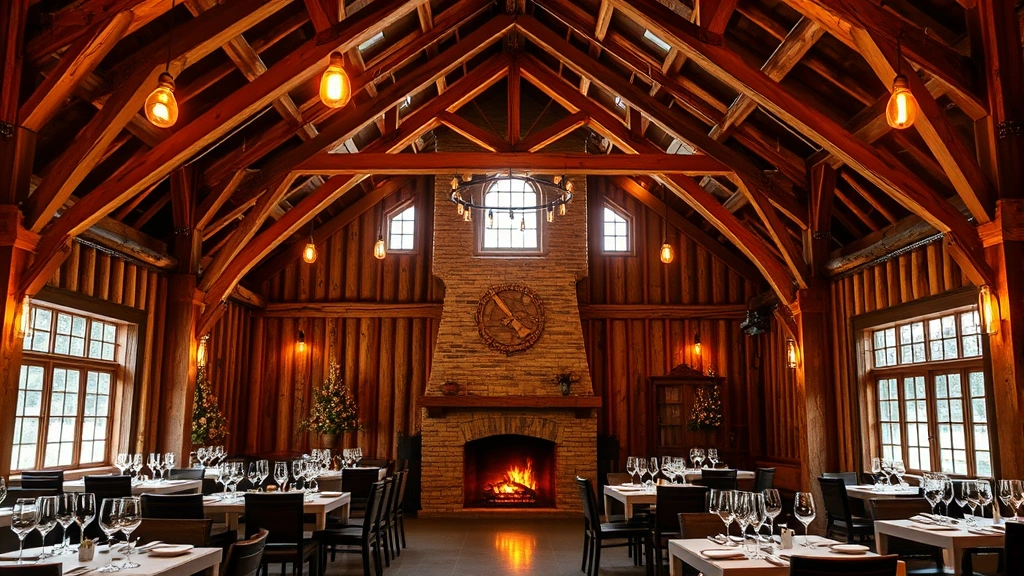 Rustic barn restaurant interior with exposed wooden beams, Edison bulbs, and fireplace creating warm ambiance, elegant table settings with wine glasses, natural lighting through large windows