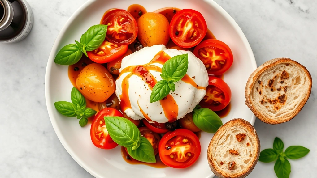 Overhead flat lay of gourmet appetizer plate featuring heirloom tomatoes, creamy burrata cheese, fresh basil, aged balsamic reduction, artisanal bread on white ceramic plate