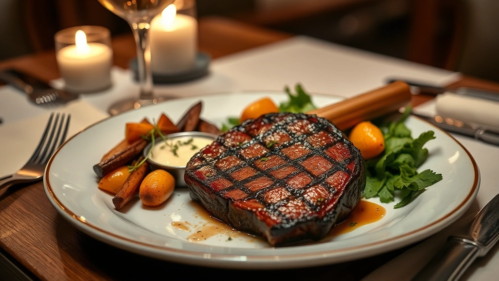 Perfectly seared dry-aged ribeye steak with herb compound butter, roasted root vegetables, seasonal greens, restaurant table setting with wine glass in soft candlelight
