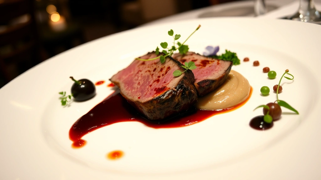 Elegantly plated fine dining main course featuring perfectly seared duck breast with cherry reduction, black garlic purée, microgreens, and edible flowers on white porcelain, fine dining restaurant ambiance