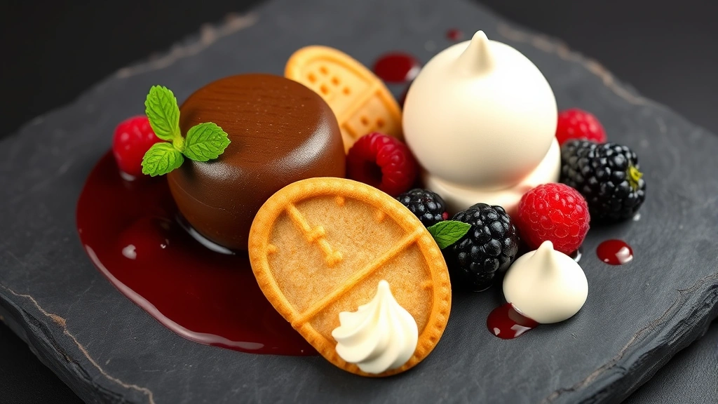 Beautifully composed dessert plate with dark chocolate mousse, raspberry coulis, vanilla ice cream quenelle, crispy tuile cookie, and fresh berries on slate, professional pastry presentation