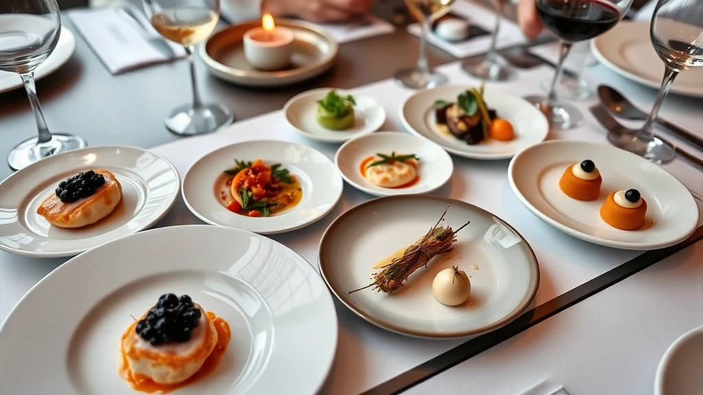 Sophisticated multi-course tasting menu spread showing various small plates including seafood appetizer with caviar, vegetable preparation, and amuse-bouche, restaurant table setting with wine glasses