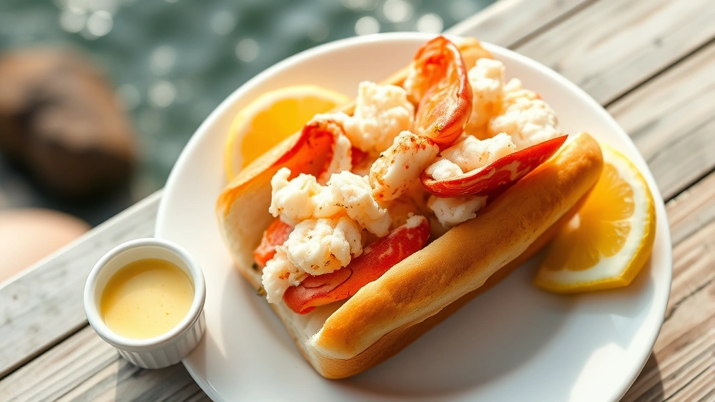 Overhead shot of a fresh Maine lobster roll on a white plate with drawn butter in a small ramekin and lemon wedges, coastal background slightly blurred, natural daylight illuminating the tender lobster meat