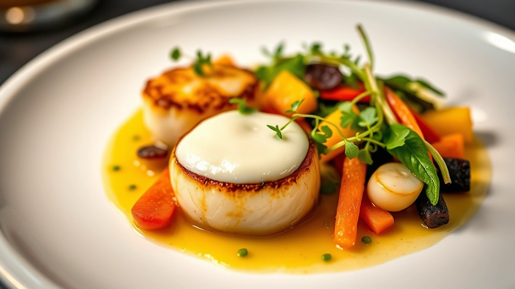 Plated fine dining seafood dish featuring pan-seared scallops with brown butter foam, microgreens, and colorful seasonal vegetables arranged artfully on a white ceramic plate, soft professional kitchen lighting