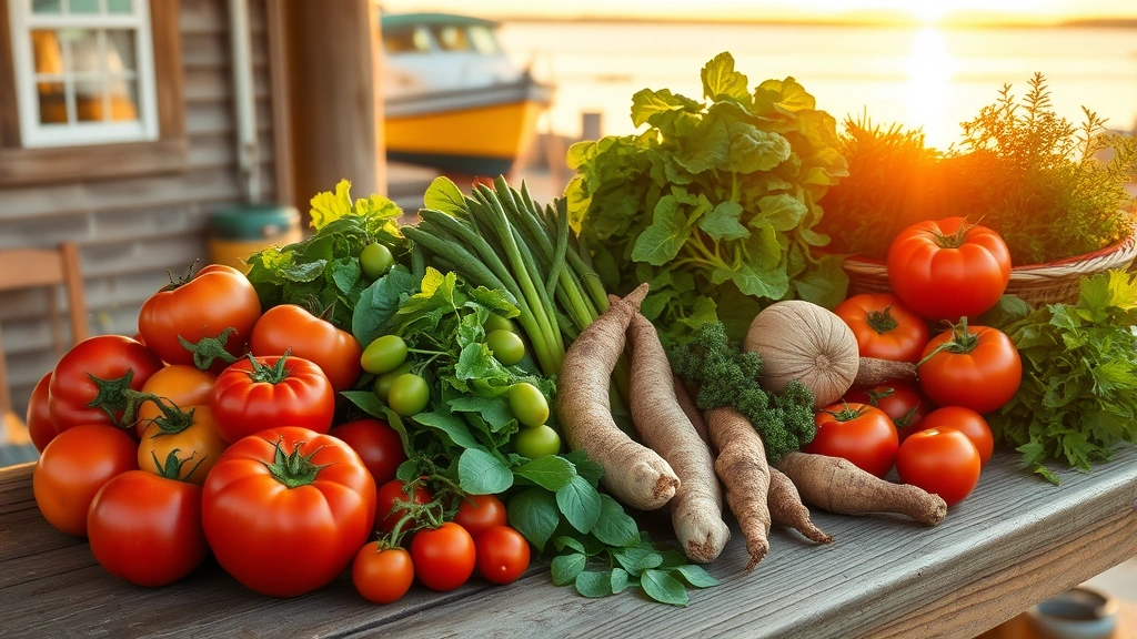 Rustic wooden table laden with fresh farm vegetables including heirloom tomatoes, leafy greens, root vegetables, and fresh herbs with a coastal Maine waterfront view in the background during golden hour