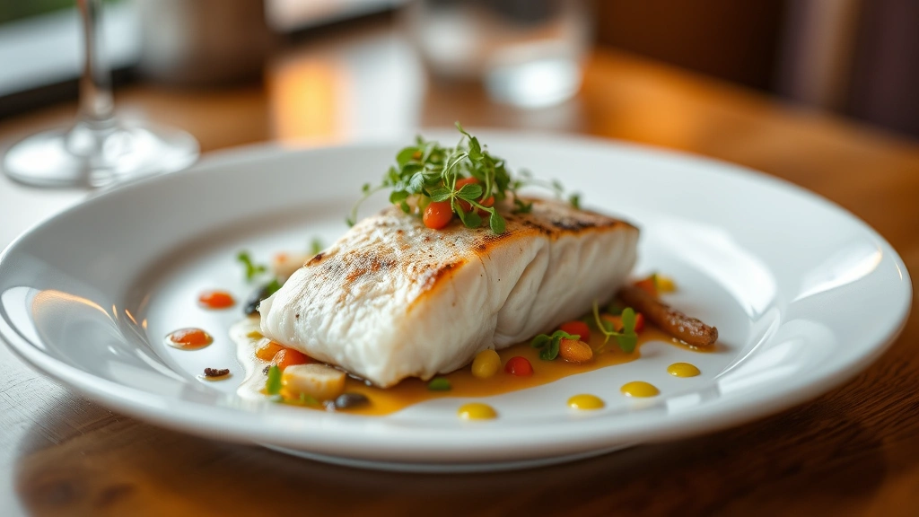 Elegant plated seafood dish with fresh fish fillet, microgreens, and colorful vegetable garnish on white ceramic plate, fine dining presentation, soft warm lighting, shallow depth of field